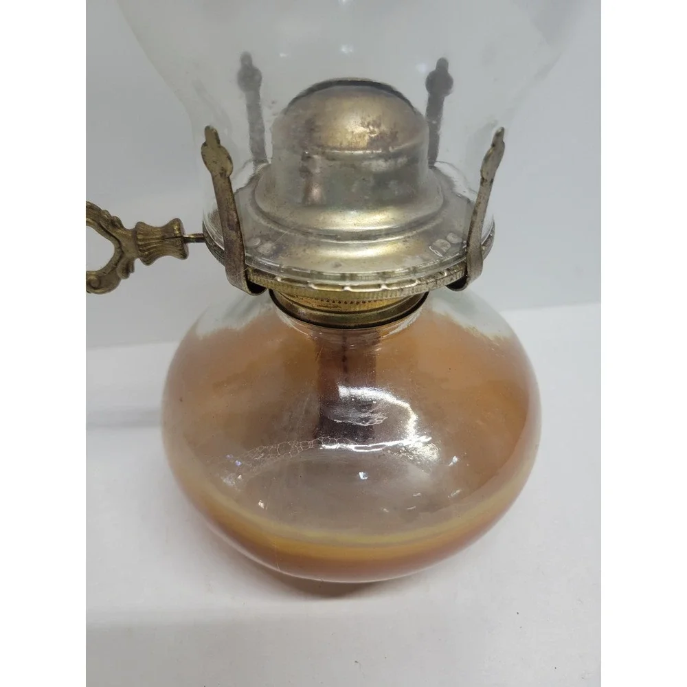 Vintage Amber Glass Oil Lamp with Clear Beaded Chimney 12in‎